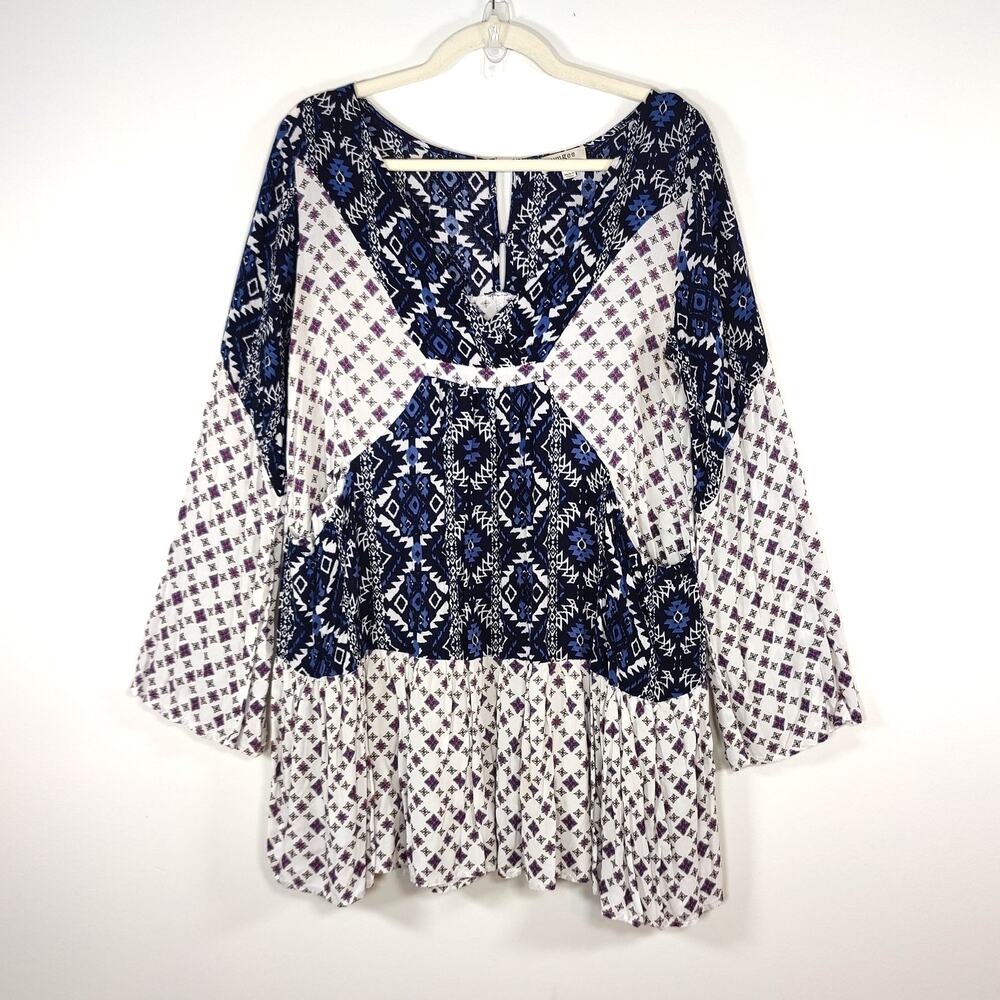 Umgee Mixed Print Peasant Tunic Top‎ Bell Sleeve Blue Ivory Medium